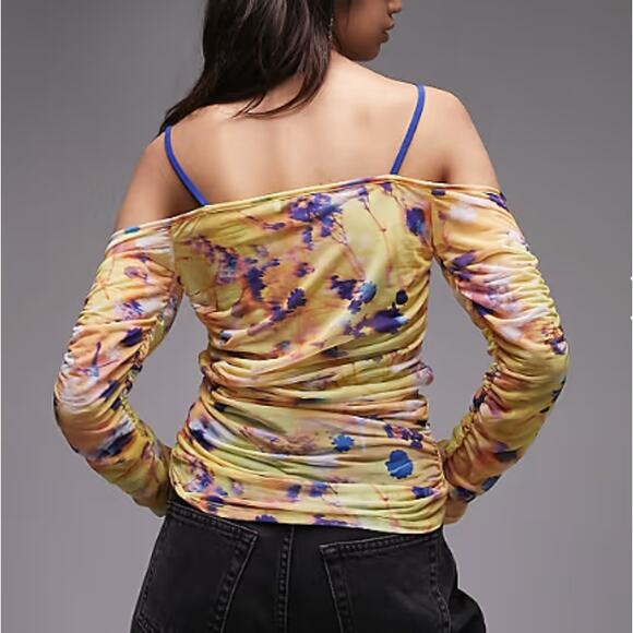 New TOPSHOP NORDSTROM Mesh Printed Long Sleeve Ruched Bardot Top Size 12 - Picture 2 of 9